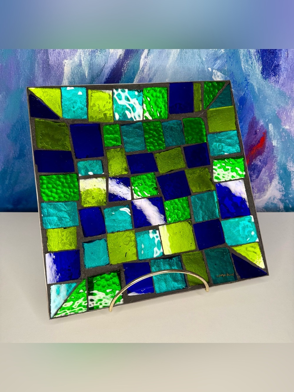 Georges Briard Mosaic Stained Glass 11.5” Tray Square Blue Green Vintage MCM